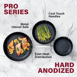 Granitestone Pro Hard Anodized Set | Skillet 8”, 10” & 12” Cookware, 100% PFOA Free, Oven, Dishwasher & Metal Utensil Safe, Ultra Nonstick Frying Pans, 3 Piece, Black (Stainless Handles)