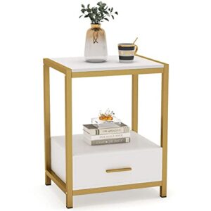 tribesigns 25 inch tall gold nightstands with drawers and storage shelf, modern bedside table end table side table for bedroom, living room (1 pc, gold and white)