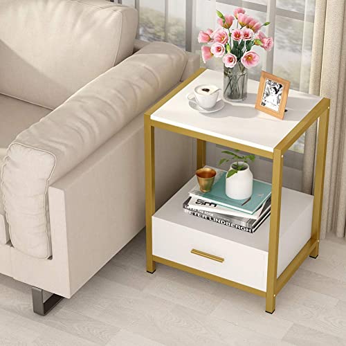 Tribesigns 25 inch Tall Gold Nightstands with Drawers and Storage Shelf, Modern Bedside Table End Table Side Table for Bedroom, Living Room (1 pc, Gold and White)