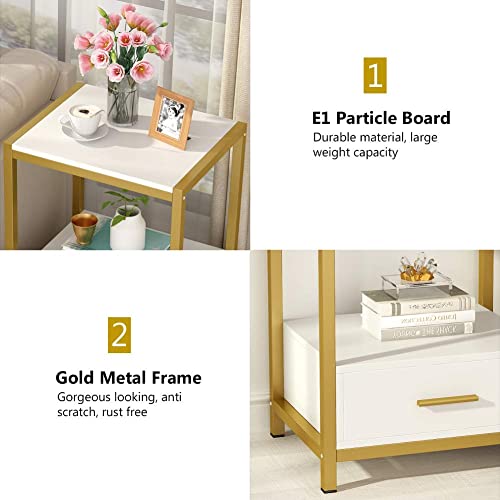 Tribesigns 25 inch Tall Gold Nightstands with Drawers and Storage Shelf, Modern Bedside Table End Table Side Table for Bedroom, Living Room (1 pc, Gold and White)