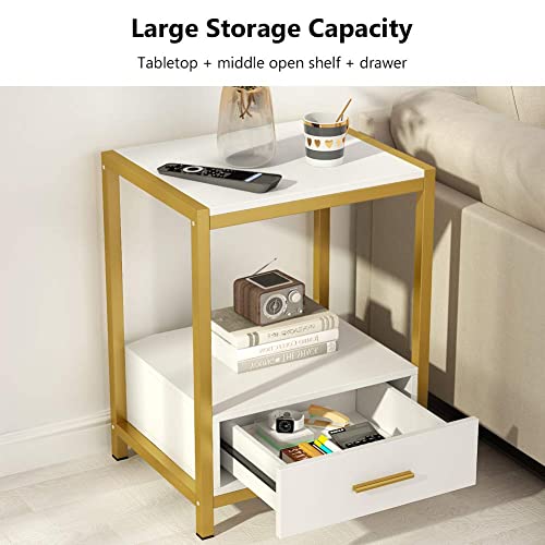 Tribesigns 25 inch Tall Gold Nightstands with Drawers and Storage Shelf, Modern Bedside Table End Table Side Table for Bedroom, Living Room (1 pc, Gold and White)