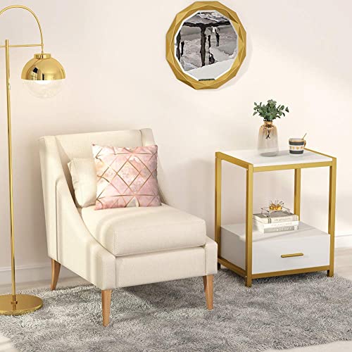 Tribesigns 25 inch Tall Gold Nightstands with Drawers and Storage Shelf, Modern Bedside Table End Table Side Table for Bedroom, Living Room (1 pc, Gold and White)