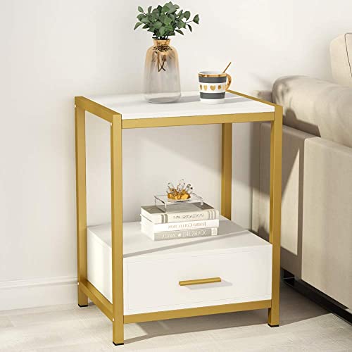 Tribesigns 25 inch Tall Gold Nightstands with Drawers and Storage Shelf, Modern Bedside Table End Table Side Table for Bedroom, Living Room (1 pc, Gold and White)