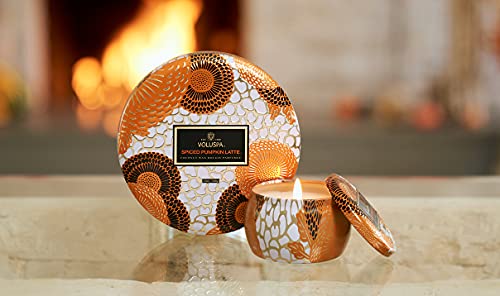 Voluspa Spiced Pumpkin Latte Candle | 3 Wick Tin | 12 Oz. | 40 Hour Burn Time | Vegan | All Natural Wicks and Coconut Wax for Clean Burning