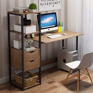 modern computer desk with bookshelf,writing desk with 2 drawers corner tower shelves home office workstation desk for small space