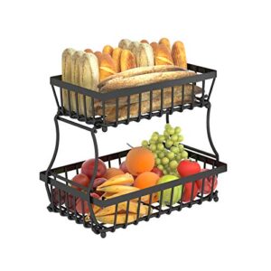 Apsan 2 Tier Countertop Fruit Basket Bowl for Kitchen, Bread Vegetable Fruit Basket Bowl Stand Detachable Metal Rectangular Wire Basket, Black Medium