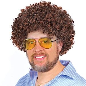 bob ross brown costume afro wig, synthetic curly hair wig, art teacher costume with 70s retro, funny, dress up, party, roleplay, cosplay, unisex, and halloween pop culture joy of painting theme