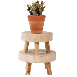 anphsin pack of 2 mini wooden stool display stand- round decorative flower shelf bonsai rack garden plant pot riser holder modern plant stand with wood grain for indoor outdoor home decoration (s, m)