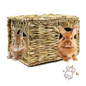 bwogue extra large grass house for rabbits,hand crafted natural grass hideaway foldable bed hut with openings playhouse for bunny guinea pig chinchilla ferret for play and sleep