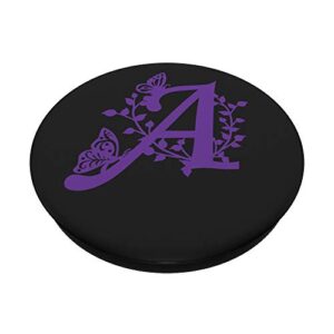 Black Purple Violet Monogram Letter A Initial Butterfly PopSockets Swappable PopGrip