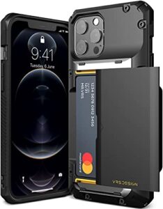 vrs design damda glide pro compatible for iphone 12 pro max case, with [4 cards] premium sturdy [semi auto] credit card holder slot wallet for iphone 12 pro max 6.7 inch(2020) black