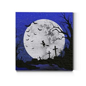 renditions gallery witch and graveyard wall art, spooky halloween decorations, full moon, dark cemetery, premium gallery wrapped canvas decor, ready to hang, 32 in h x 32 in w, made in america print