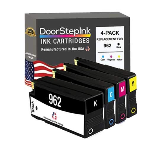 DoorStepInk Remanufactured in The USA Ink Cartridge Replacements for HP 962 Black, Cyan, Magenta, Yellow 4 Pack for Printers HP Officejet Pro 9010, 9012, 9013, 9015, 9016, 9019, 9020, 9025