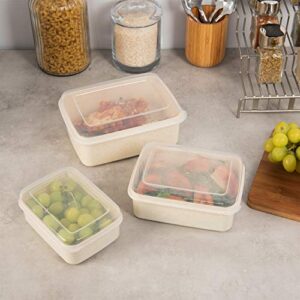 Simplify 6 Piece Set Eco Wheat Plastic Food Storage Containers | Clear Lid | Meal Prep | Leftovers | Kitchen | Lunch | Natural | Rectangular | 3 Sizes