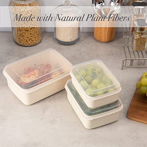 Simplify 6 Piece Set Eco Wheat Plastic Food Storage Containers | Clear Lid | Meal Prep | Leftovers | Kitchen | Lunch | Natural | Rectangular | 3 Sizes