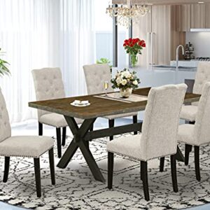 East West Furniture X677EL635-7 7-Piece Dining Table Set - Dining Table Rectangular Top and 6 Parson Dining Chairs Padded Seat and Back (Distressed Espresso & Wire Brushed Black Finish)