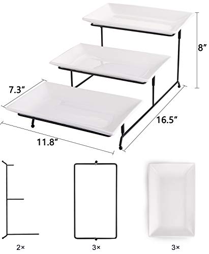 Lawei 3 Tier Serving Stand Porcelain Serving Platters, 12 Inch Rectangle White Plates with Collapsible Sturdier Rack, Three Tiered Cupcake Tray Serving Display Plate Rack for Weddings Parties Birthday