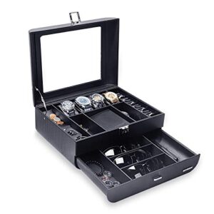 homde fathers day gifts - watch box arc display case carbon fiber jewelry organizer luxury sunglasses holder with drawer, glass top and lock for men women