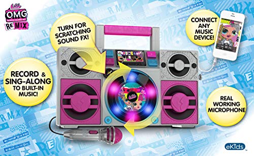 LOL Surprise OMG Remix Karaoke Machine Sing Along Boombox with Real Karaoke Microphone for Kids, Built in Music, Flashing Lights, Record, Turntable with Sound Effects, Connect Device