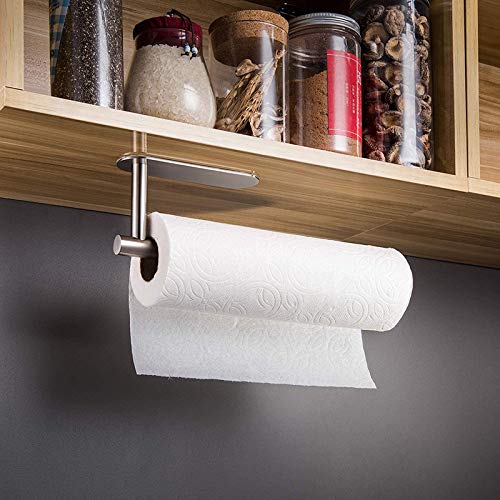 Paper Towel Holder Wall Mount, Under Kitchen Cabinet Paper Towel Holder - Self Adhesive/Drilling Towel Paper Roll Holder for Kitchen Bathroom, SUS304 Stainless Steel (Silver)