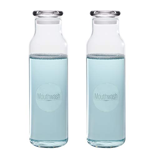 2 Mouthwash Bottles Glass Dispenser Containers with Mouth Wash Labels 24 oz