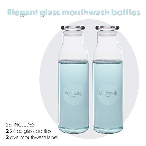 2 Mouthwash Bottles Glass Dispenser Containers with Mouth Wash Labels 24 oz