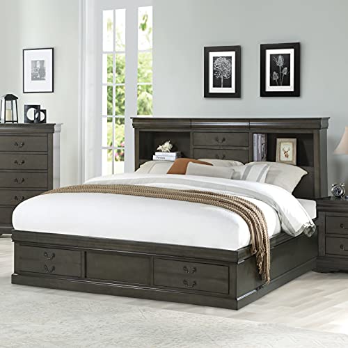 HABITRIO King Bed Frame, Solid Wood and Composite Construction King Size Storage Bed with Headboard w/ 3 Hidden Drawers&2 Bookshelves, Footboard w/ 2 Storage Drawers, No Box Spring Needed, Dark Gray