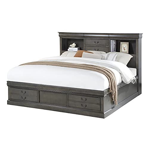 HABITRIO King Bed Frame, Solid Wood and Composite Construction King Size Storage Bed with Headboard w/ 3 Hidden Drawers&2 Bookshelves, Footboard w/ 2 Storage Drawers, No Box Spring Needed, Dark Gray