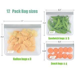 Large Reusable Food Storage Freezer Bags, Leakproof Flat Reusable Sandwich & Snack Freezer Bags, 12 Pack Gallon Food Storage Freezer Bags for Fruits, Veggies, Lunch, Meats, Cereals, Soup & Sauce Storage