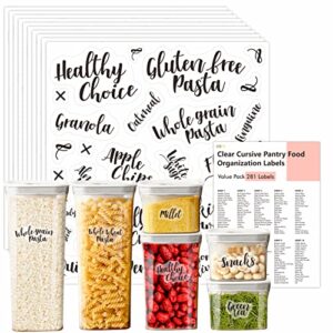 hebayy 281 pcs clear cursive pantry labels set water resistant with customizable stickers for food containers, jars