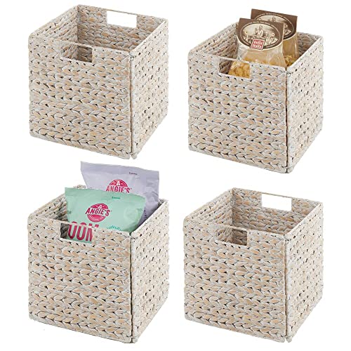 mDesign Natural Woven Hyacinth Cube Storage Bin Basket Organizer with Handles for Kitchen Pantry, Cabinet, Cupboard, Shelf/Cubby Organization, Hold Food, Drinks, Snacks, Appliances, 4 Pack, White Wash