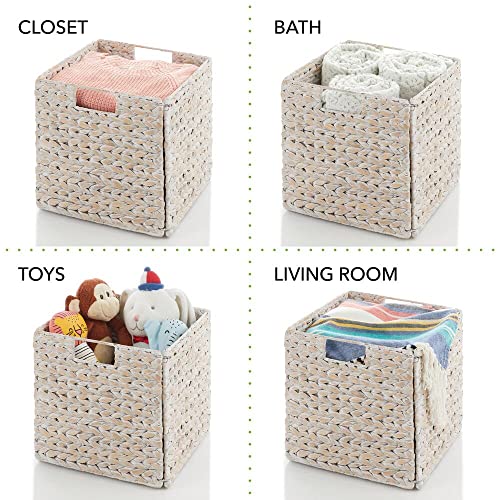 mDesign Natural Woven Hyacinth Cube Storage Bin Basket Organizer with Handles for Kitchen Pantry, Cabinet, Cupboard, Shelf/Cubby Organization, Hold Food, Drinks, Snacks, Appliances, 4 Pack, White Wash