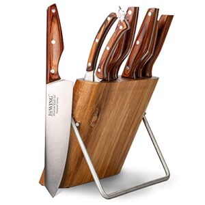 professional 8-piece german high carbon stainless steel kitchen knife set, premium forged full tang chef knives set with wood block