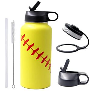 32 oz softball water bottle, flask sports with 2 lids 18/8 stainless steel tumbler double wall vacuum insulated hot/cold (32oz, yellow softball)