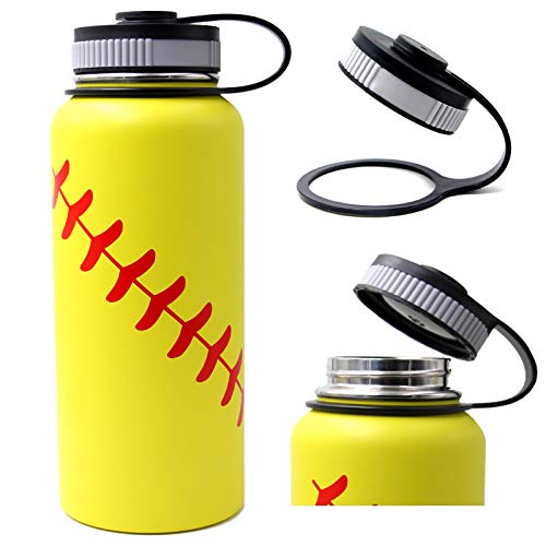 32 oz Softball Water Bottle, Flask Sports with 2 Lids 18/8 Stainless Steel Tumbler Double Wall Vacuum Insulated Hot/Cold (32oz, Yellow Softball)