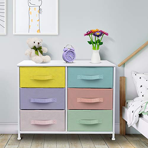 Sorbus Dresser with 6 Drawers - Furniture Storage Tower Unit for Bedroom, Hallway, Closet, Office Organization - Steel Frame, Wood Top, Easy Pull Fabric Bins (Pastel/White)