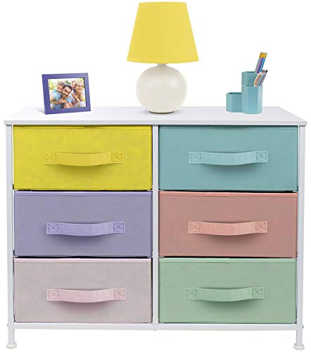 Sorbus Dresser with 6 Drawers - Furniture Storage Tower Unit for Bedroom, Hallway, Closet, Office Organization - Steel Frame, Wood Top, Easy Pull Fabric Bins (Pastel/White)