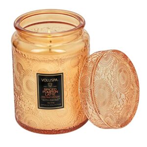 voluspa spiced pumpkin latte candle | 18 oz | large glass jar with glass lid | all natural wicks and coconut wax for clean burning