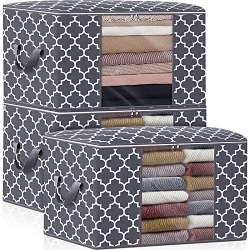 WISELIFE Storage Bags, Large Blanket Clothes Organization and Storage Containers for Bedding, Comforters, Foldable Organizer with Reinforced Handle, Clear Window,Sturdy Zippers,(Grey, 3 x 100L)