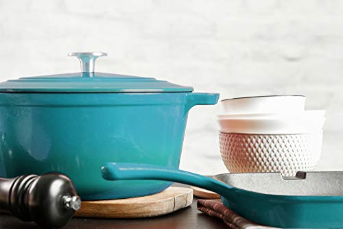 Mirro MIR-19063 4.8 Quart Cast Iron White Enamel Coated Interior Dutch Oven, Teal, Ready to Use