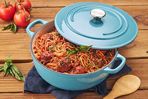 Mirro MIR-19063 4.8 Quart Cast Iron White Enamel Coated Interior Dutch Oven, Teal, Ready to Use