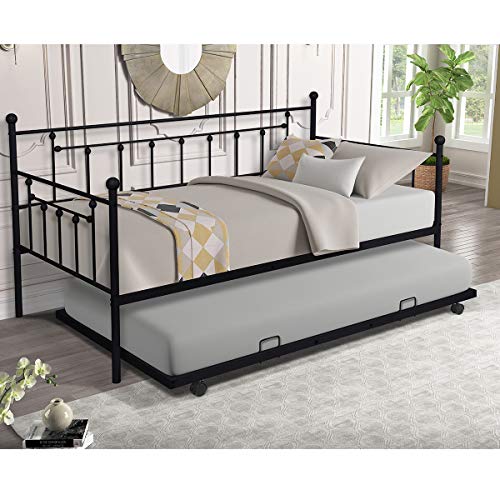 HUAYICUN Daybed with Trundle Twin Size Metal Frame Daybed and Roll Out Trundle (Black)