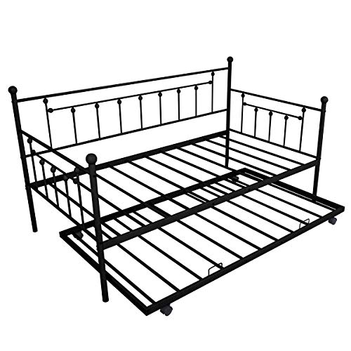 HUAYICUN Daybed with Trundle Twin Size Metal Frame Daybed and Roll Out Trundle (Black)