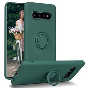 duedue samsung s10 case, liquid silicone slim soft gel rubber cover with ring kickstand |car mount function,shock absorption full body protective anti scratch case for samsung s10, pine green