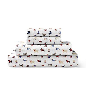 brielle home flannel sheet set cotton soft warm & cozy modern chic with elastic deep pockets, full, dogs white
