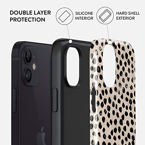 BURGA Phone Case Compatible with iPhone 12 - Hybrid 2-Layer Hard Shell + Silicone Protective Case -Black Polka Dots Pattern Nude Almond Latte - Scratch-Resistant Shockproof Cover