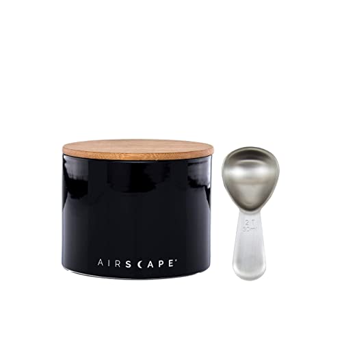 Airscape Ceramic Coffee and Food Storage Canister & Scoop Bundle - Patented Airtight Inner Lid Preserves Food Freshness - Glazed Ceramic Container with Bamboo Top (Small, Obsidian Black & Scoop)