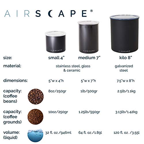 Airscape Ceramic Coffee and Food Storage Canister & Scoop Bundle - Patented Airtight Inner Lid Preserves Food Freshness - Glazed Ceramic Container with Bamboo Top (Small, Obsidian Black & Scoop)