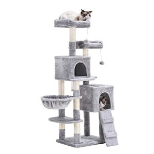 hey-brother 58'' multi-level cat tree condo furniture with sisal-covered scratching posts, 2 plush condos, hammock for kittens, cats and pets light gray mpj013m