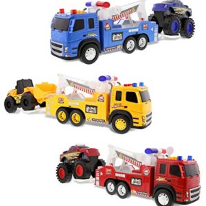 Mozlly Friction Powered Emergency Tow Truck Toys Set of 3 - Assorted Color Towing Trucks with Big Racing Monster Trucks & Bulldozer, Interactive Sound & Light - 3 Pack